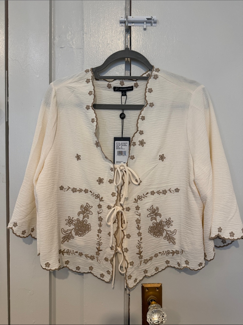 Adrianna Papell Cream Tunic with Brown Floral Embroidery